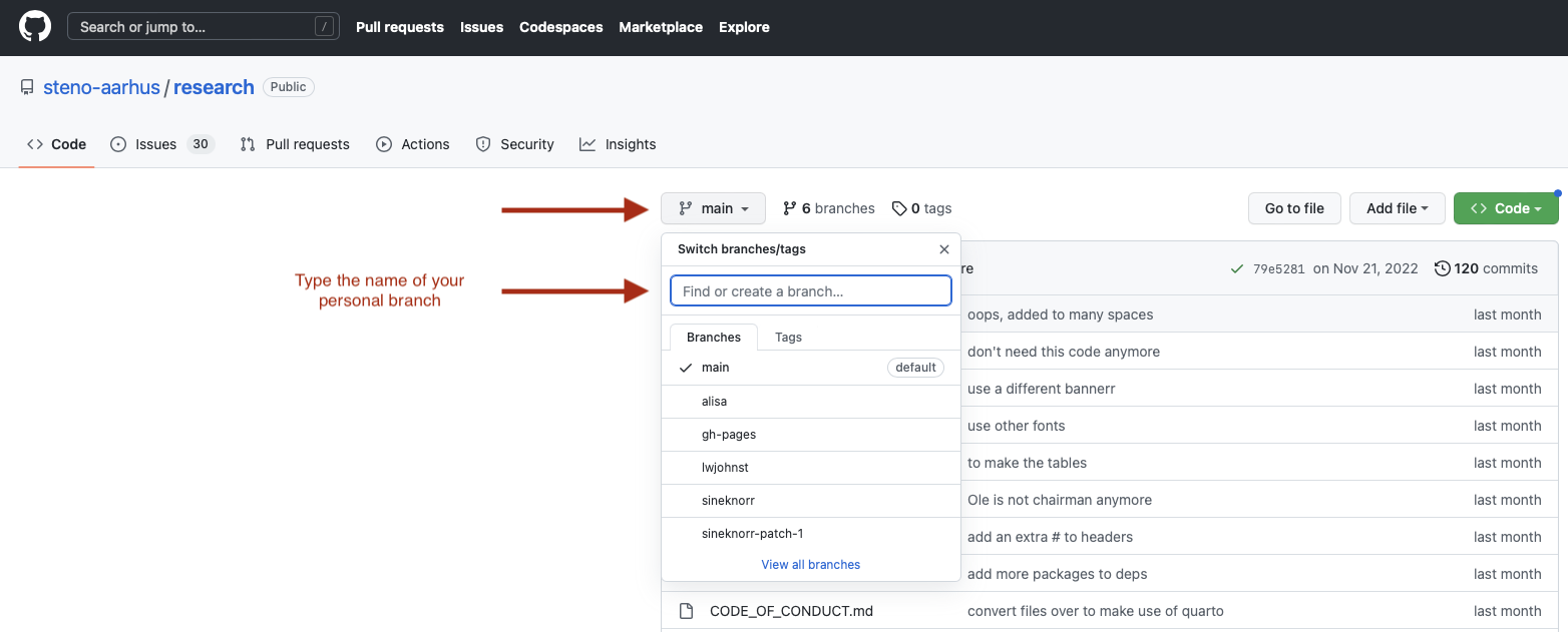 Screenshot of creating a new branch on the SDCA Research GitHub page.