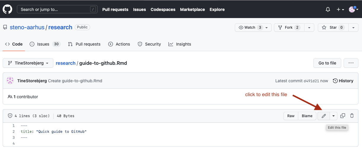 Screenshot of editing the newly created file in the Git repository history on the SDCA Research GitHub page.