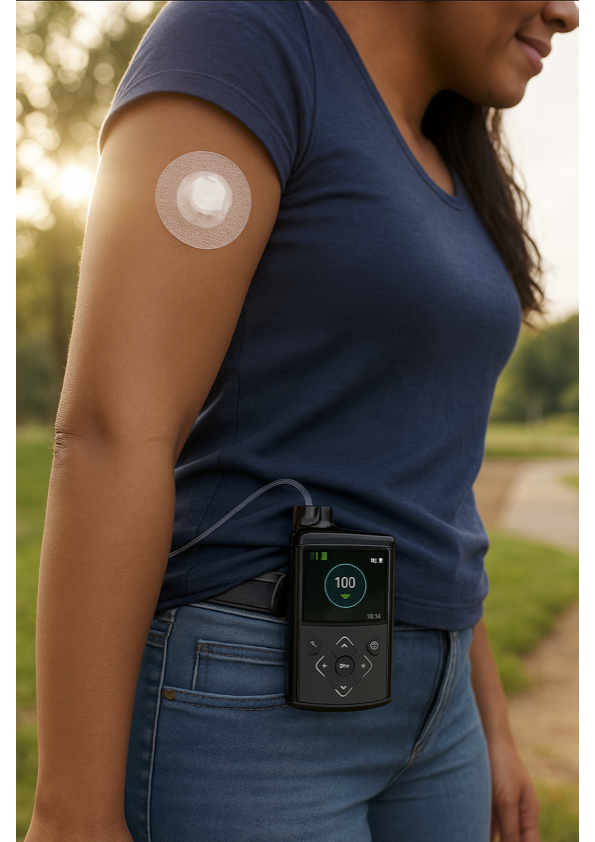 AID insulin pump on a woman's arm as she is outside walking.